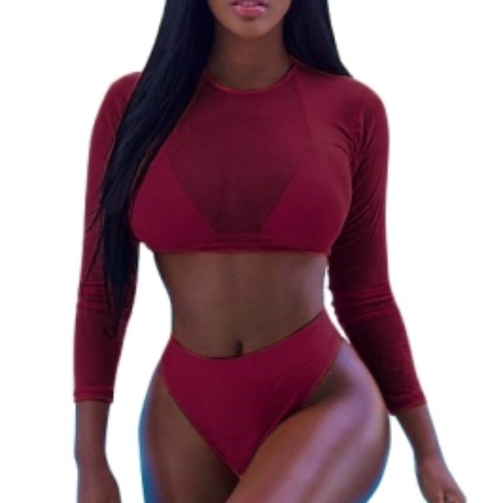 Sheer Mesh Bikini 3-piece - Wine